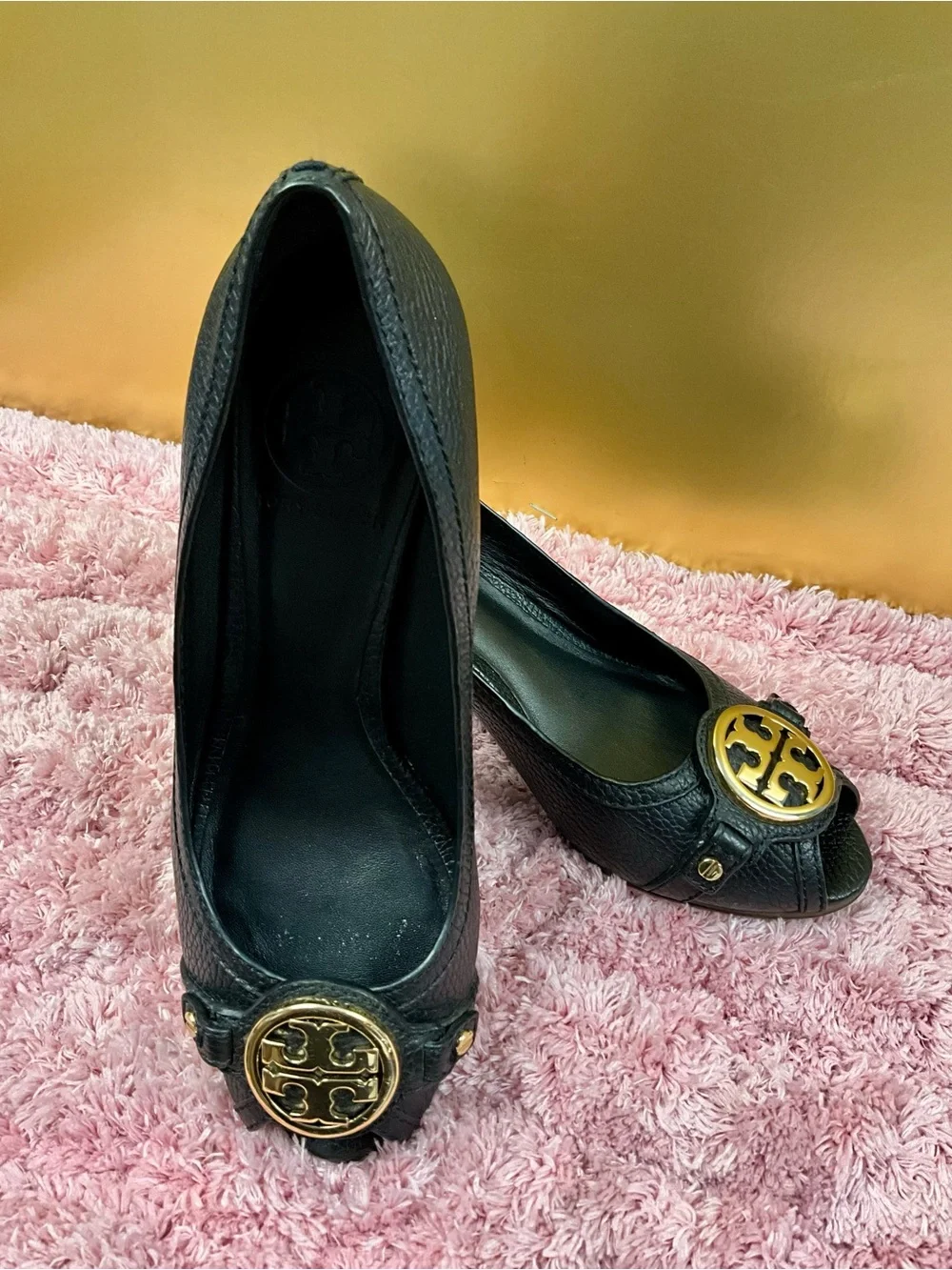 Tory Burch Black Peep-Toe Leather Pumps with Gold Logo Medallion